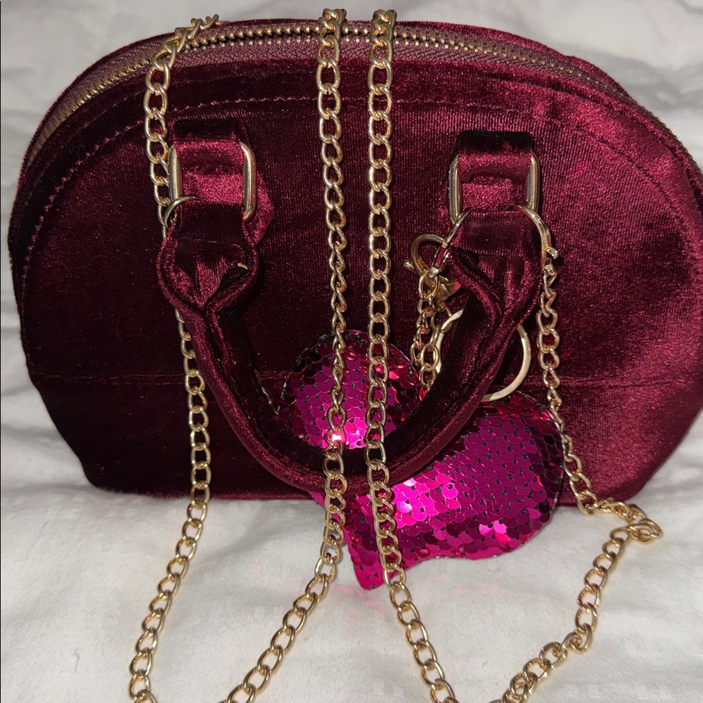 Elegant Burgundy Mini Bag with Pink Heart Accent